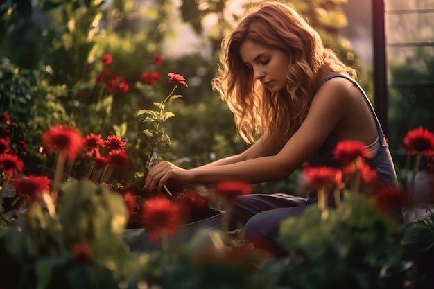 Une jeune femme plante des fleurs dans le jardin.