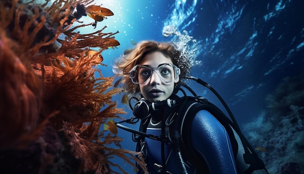 Photo jeune femme plongée sous-marine sur le récif dans une tenue de plongée sous-marine