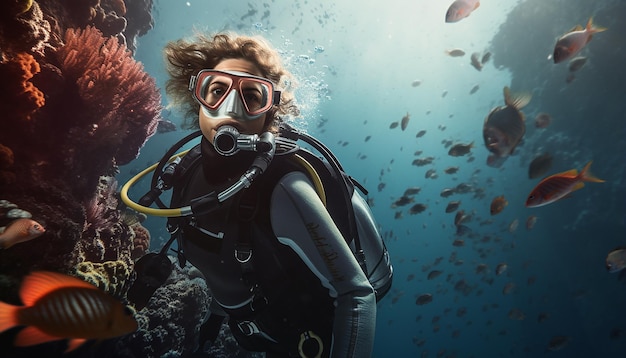 Photo jeune femme plongée sous-marine sur le récif dans une tenue de plongée sous-marine