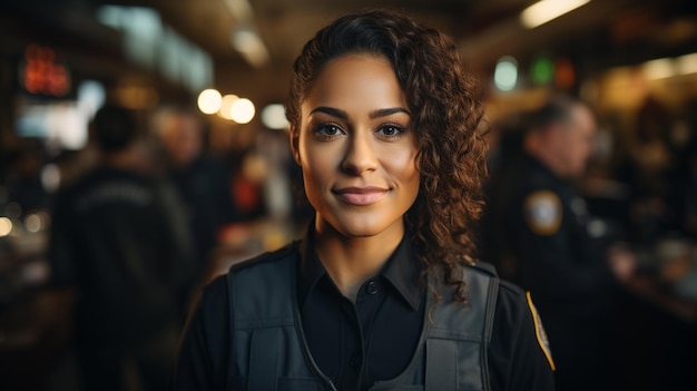 Jeune femme avec un policier debout dans la rue de la ville souriant à la caméra et souriant ai générative