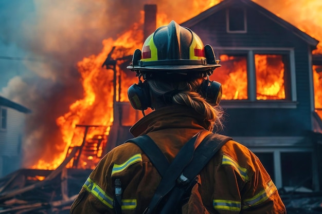 Une jeune femme pompier sur la toile de fond d'une maison en feu sauveteur au travail femme héroïne forte