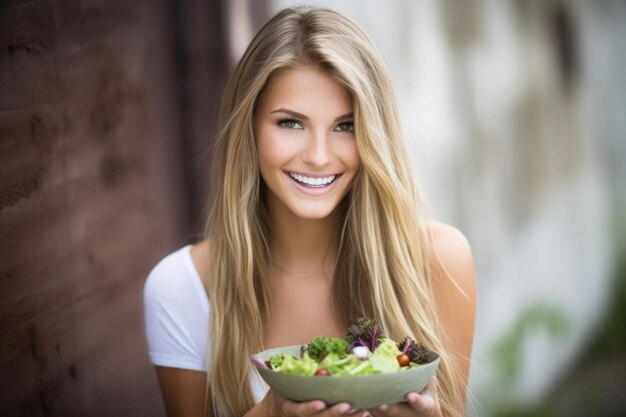 Une jeune femme portant un bol de salade et semblant heureuse créée avec l'AI générative