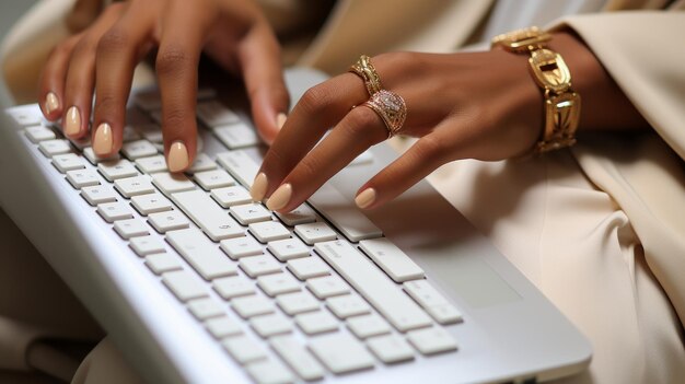 Une jeune femme portant un bracelet en or tape sur un clavier d'ordinateur portable