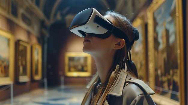 Une jeune femme portant un casque de réalité virtuelle dans une galerie d'art. Elle regarde une peinture sur le mur. Le casque est blanc et noir.