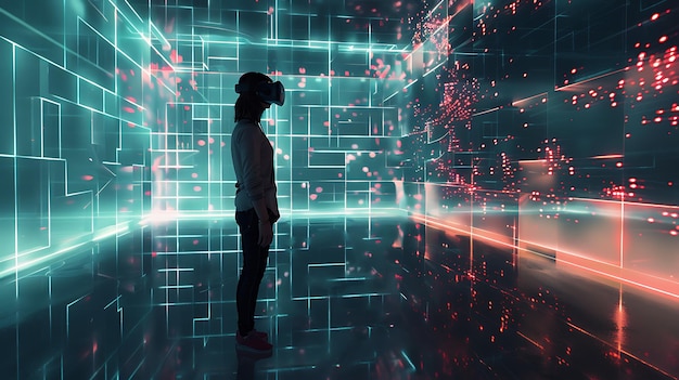 Une jeune femme portant un casque de réalité virtuelle et explorant un monde numérique