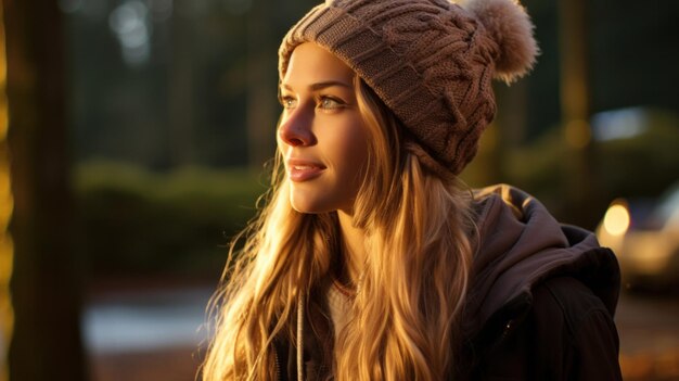 Une jeune femme portant un chapeau d'hiver est belle debout dans un parc pendant l'hiver