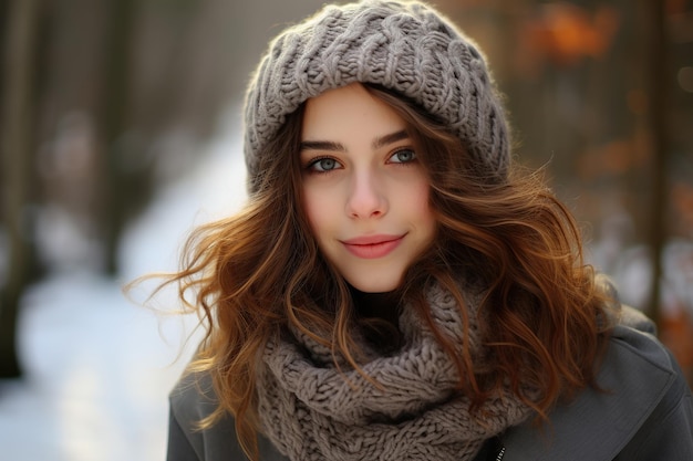 Jeune femme portant un chapeau de laine et une écharpe IA générative