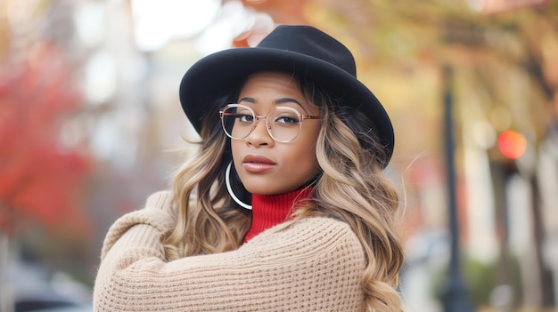 Photo une jeune femme portant un chapeau noir et des lunettes pose pour une photo. elle porte un pull à col rouge et un manteau brun.