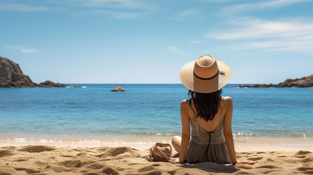 Une jeune femme portant un chapeau de paille regarde une belle vue assise sur la plage