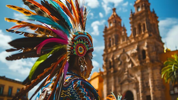 Photo une jeune femme portant une coiffure traditionnelle mexicaine et des vêtements colorés se tient devant une église coloniale