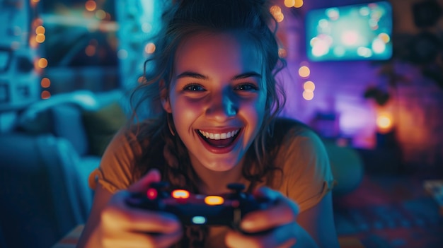 Une jeune femme portant des écouteurs joue à un jeu vidéo