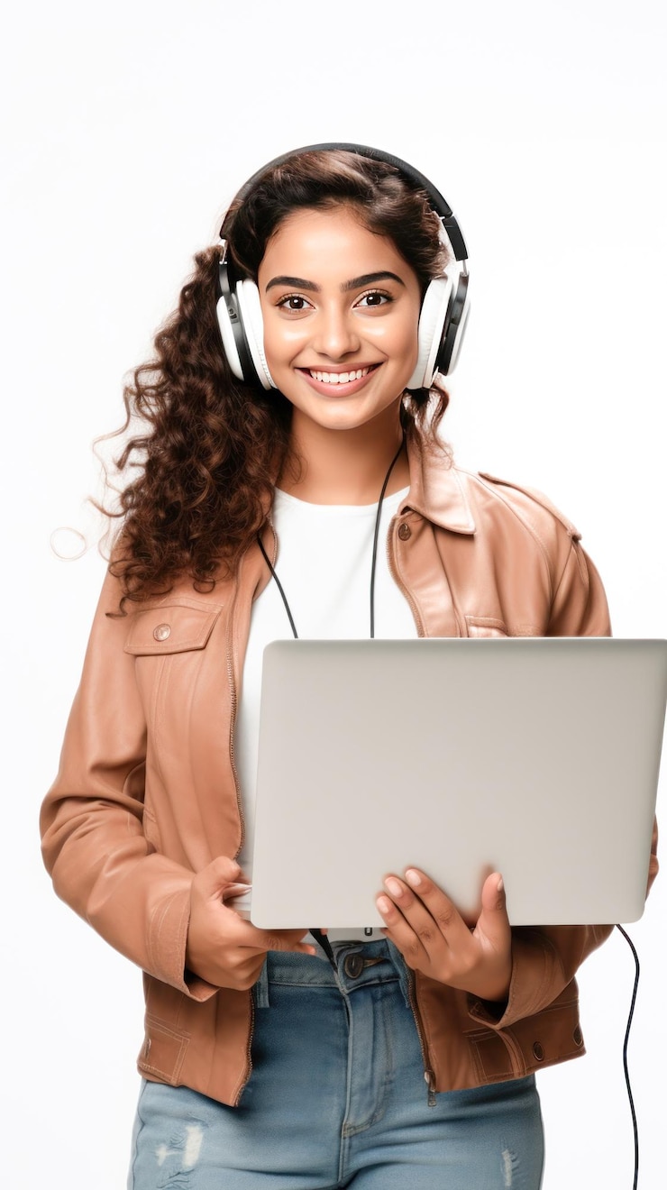 une jeune femme portant des écouteurs et tenant un ordinateur portable