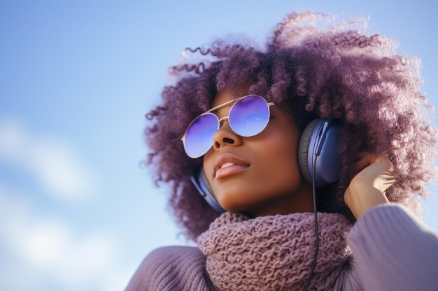 Jeune femme portant des écouteurs et des vêtements d'hiver colorés avec un fond de ciel