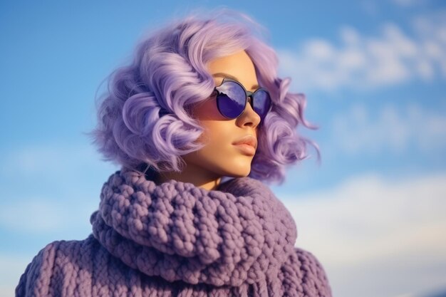 Jeune femme portant des écouteurs et des vêtements d'hiver colorés avec un fond de ciel
