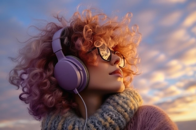 Jeune femme portant des écouteurs et des vêtements d'hiver colorés avec un fond de ciel