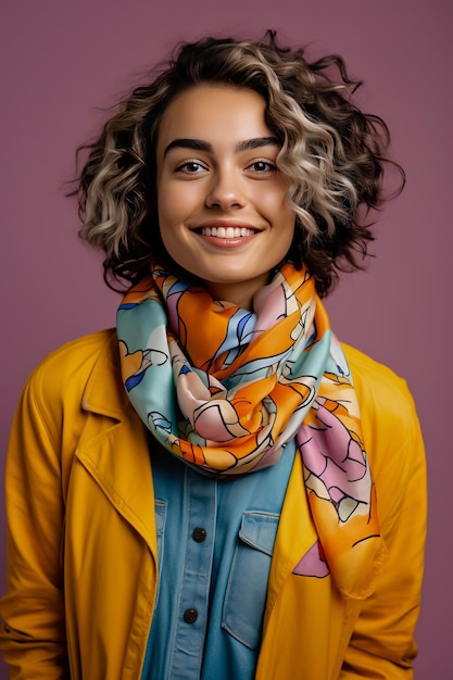 Une jeune femme portant un foulard coloré sur le cou.