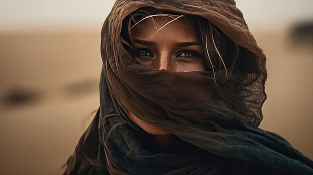 Une jeune femme portant un foulard dans le désert