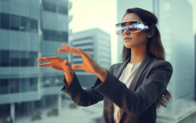 Jeune femme portant des lunettes modernes de réalité virtuelle VR pointant son doigt Réunion d'affaires