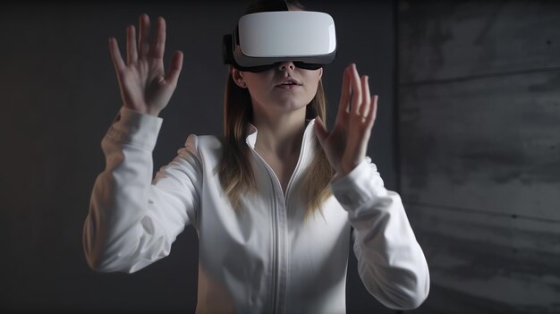 Jeune femme portant des lunettes de réalité virtuelle dans une pièce sombre Concept technologique futur AI générative