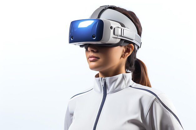 Une jeune femme portant des lunettes de réalité virtuelle sur fond blanc