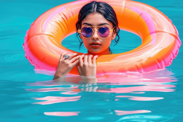 une jeune femme portant des lunettes de soleil, un bikini et assise sur un anneau gonflable dans l'eau. Elle semble profiter de son temps dehors de manière amusante et détendue.
