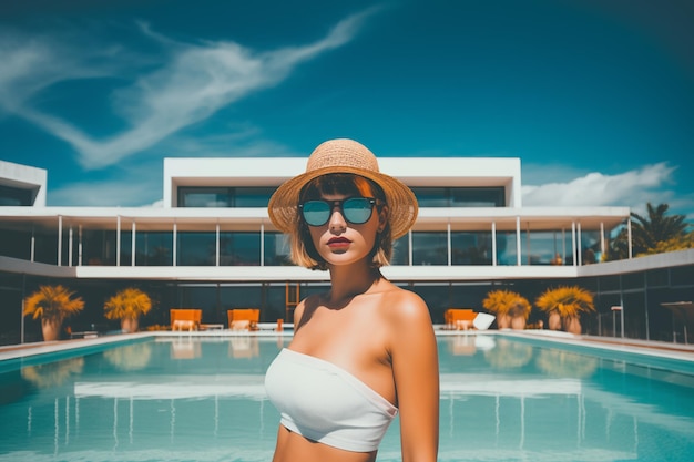 Une jeune femme portant des lunettes de soleil se tient près d'une piscine avec un hôtel moderne en arrière-plan AI générative