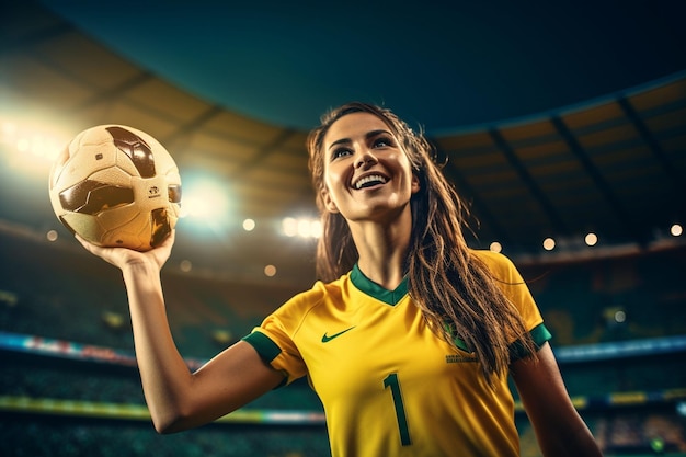 jeune femme portant un maillot de sport jaune avec fond de stade