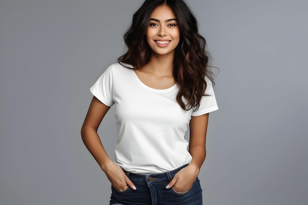 Jeune femme portant une maquette de chemise blanche en toile bella sur fond gris foncé Maquette de présentation d'impression de modèle de t-shirt de conception générée par l'IA