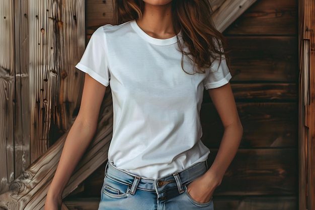 Une jeune femme portant une maquette de chemise blanche en toile bella sur un fond de mur en bois sombre Maquette de présentation d'impression de modèle de t-shirt de conception