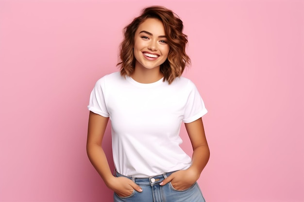 Jeune femme portant une maquette de chemise blanche en toile bella sur fond rose Maquette de présentation d'impression de modèle de t-shirt de conception générée par l'IA