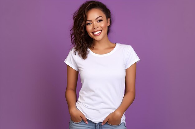 Jeune femme portant une maquette de chemise blanche en toile bella sur fond violet Conception de modèle de t-shirt maquette de présentation d'impression générée par l'IA