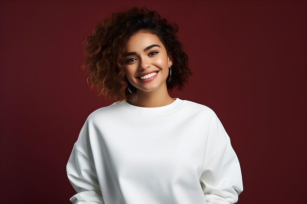 Jeune femme portant une maquette de sweat-shirt blanc sur fond rouge foncé Modèle de pull-over de conception Maquette de présentation imprimée AI générée