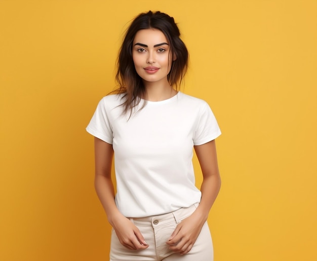 Jeune femme portant une maquette de t-shirt blanc en toile bella sur fond jaune Maquette d'impression de t-shirt