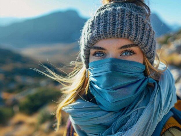 Une jeune femme portant un masque facial en randonnée dans les montagnes