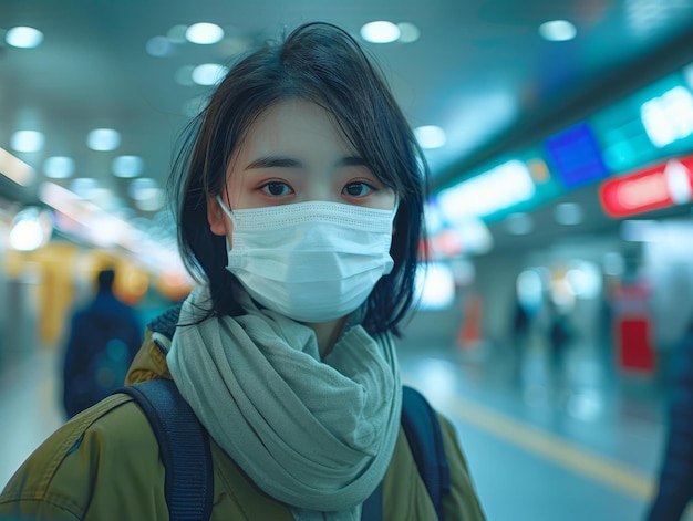 Photo une jeune femme portant un masque se tient dans une gare très fréquentée.