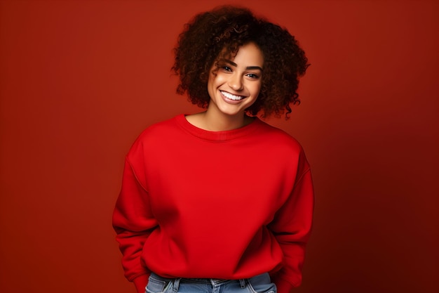 Jeune femme portant un sweat-shirt rouge mockup sur fond rouge Design pullover modèle d'impression mockup de présentation généré par l'IA