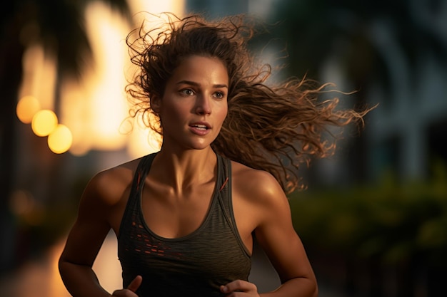 Une jeune femme portant un t-shirt qui court dans la rue au coucher du soleil Une femme fait du jogging à l'extérieur