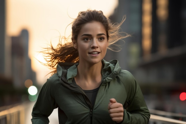 Une jeune femme portant une veste verte court dans la rue au coucher du soleil Une femme fait du jogging à l'extérieur