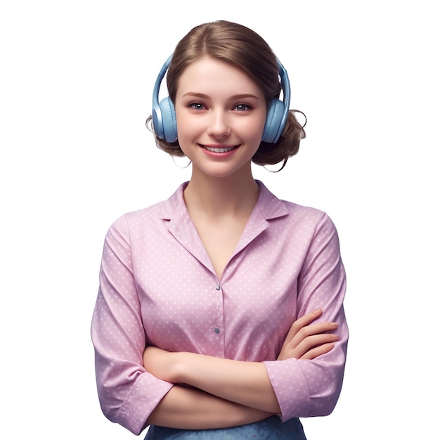 une jeune femme porte un écouteur bluetooth et sourit avec une IA générée