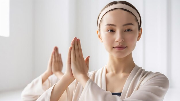 Photo une jeune femme en pose de namaste en studio blanc de près