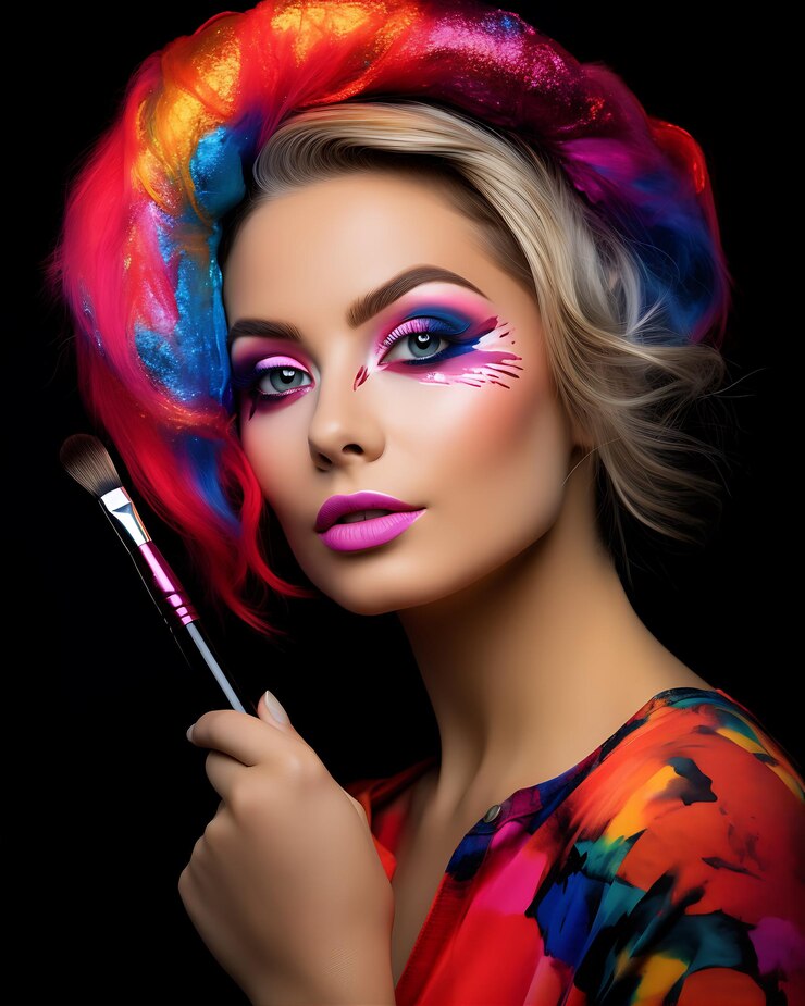 Une jeune femme pose un pinceau de maquillage
