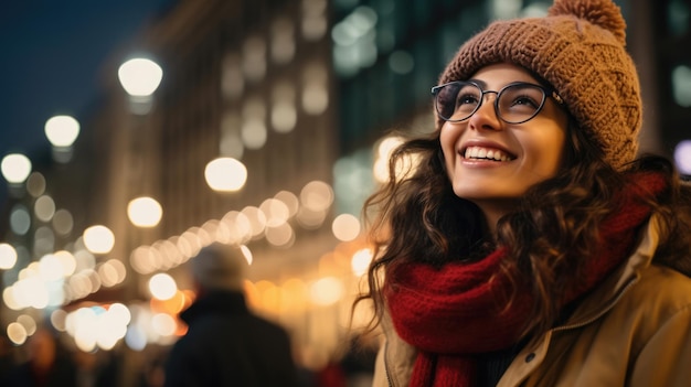 Jeune femme positive dans des vêtements chauds et des lunettes souriant tout en regardant les lanternes et en admirant la rue de la ville de Londres la nuit