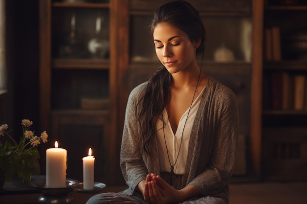 Une jeune femme pratiquant des exercices de respiration et de méditation à la maison, la pleine conscience et le concept de yoga