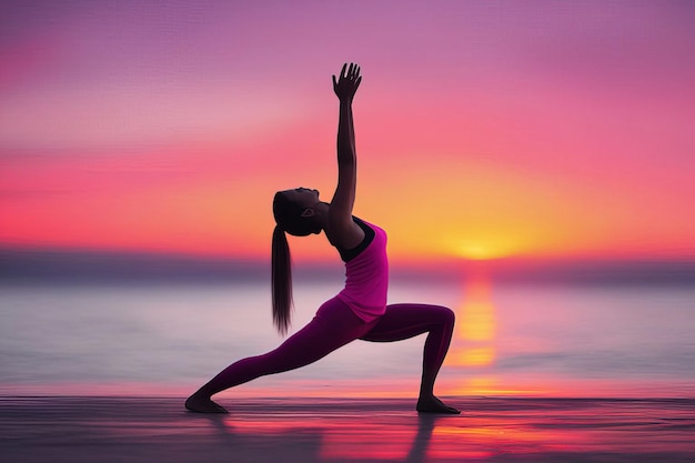 jeune femme pratiquant le yoga au coucher du soleil