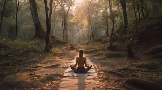 Jeune femme pratiquant le yoga dans la nature méditation amour IA générative