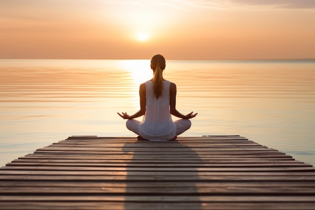Une jeune femme pratiquant le yoga sur une jetée au coucher du soleil