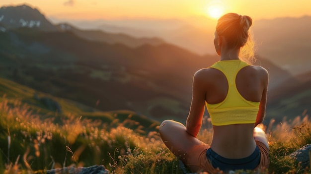 Une jeune femme pratiquant le yoga lors d'un magnifique coucher de soleil en montagne
