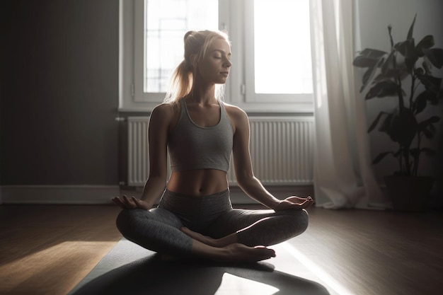 Jeune femme pratiquant le yoga à la maison ai générative