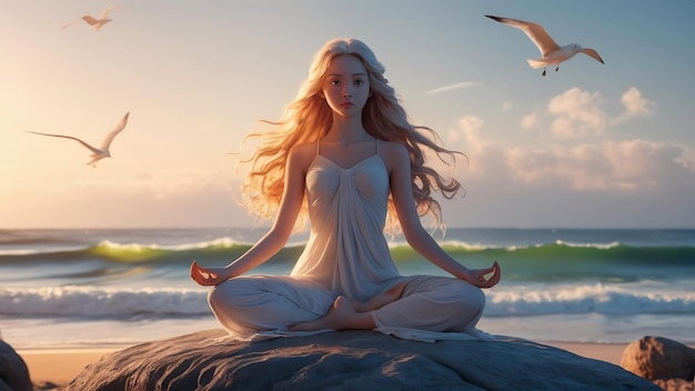 Une jeune femme pratiquant le yoga tout en étant assise en position de lotus sur le rocher de la plage au coucher du soleil.