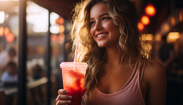 Une jeune femme prenant un verre dans un bar extérieur généré par l'IA